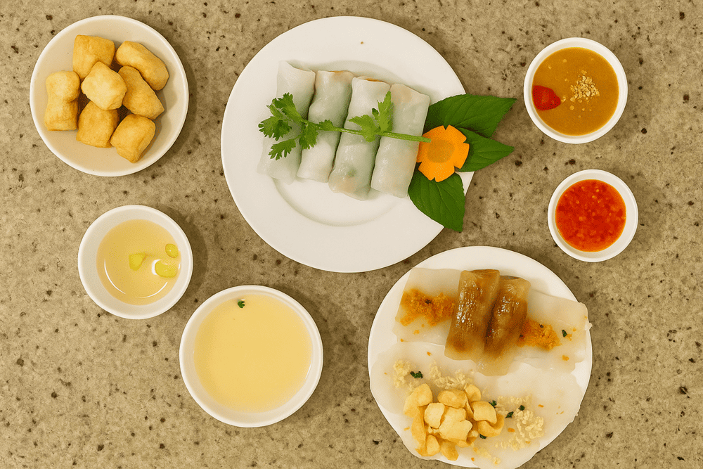 Each delicate cup of banh beo is topped with savory dried shrimp and crispy shallots, offering the essence of central Vietnamese cuisine